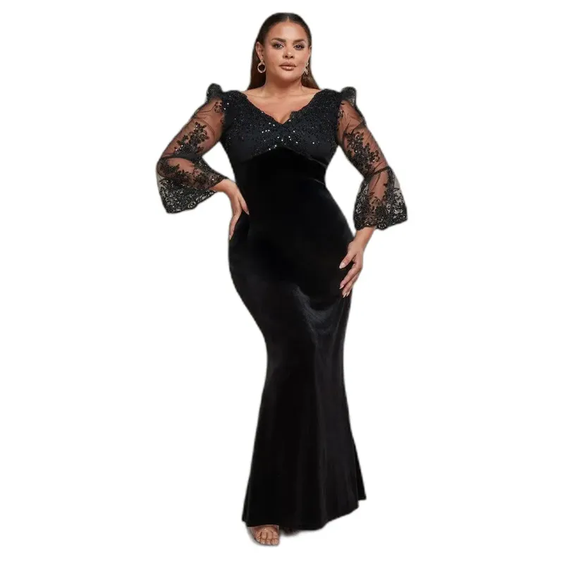 Goddiva Women's Scalloped Lace & Velvet Maxi Dress in Black Size: 24 - Black