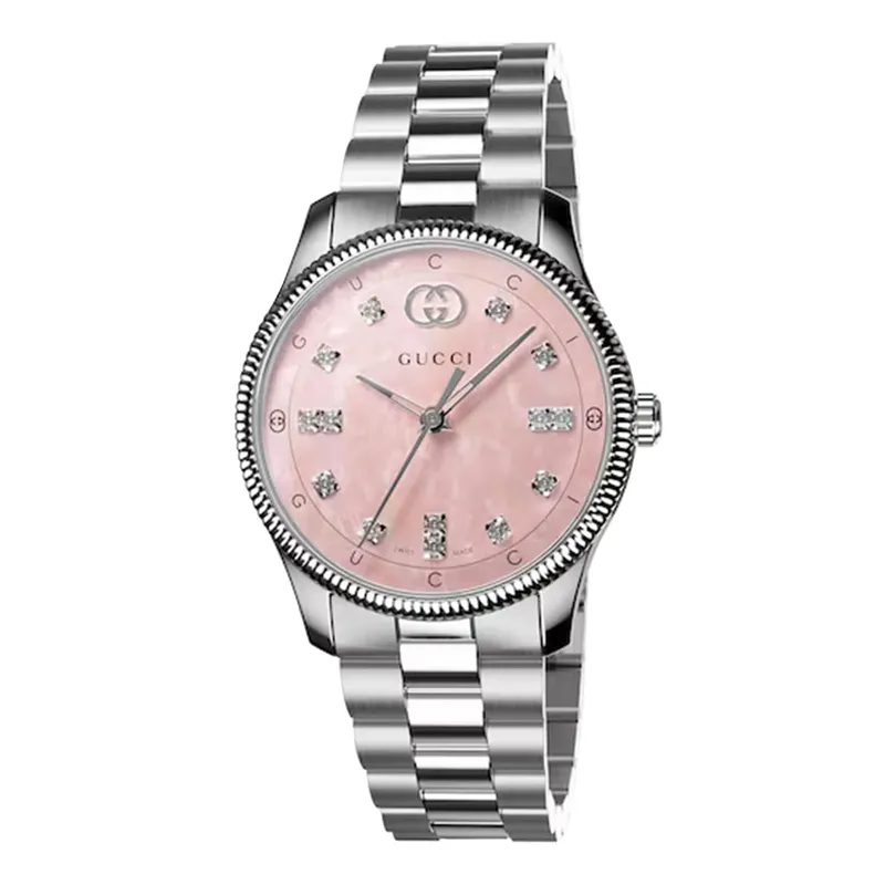 Gucci G-Timeless Pink Mother Of Pearl Diamond Dot Dial Watch YA1265062