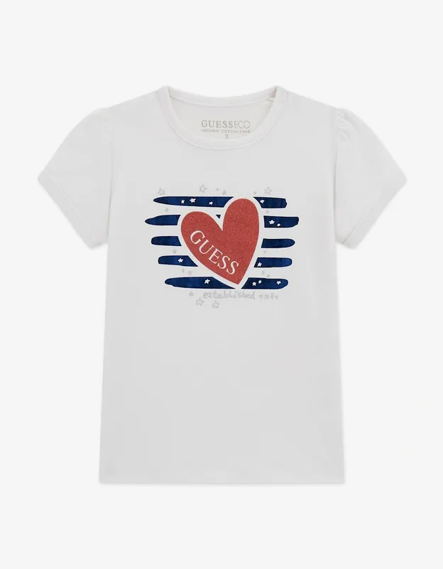 Guess Girls Heart Logo T-Shirt in White - Size: 5 years