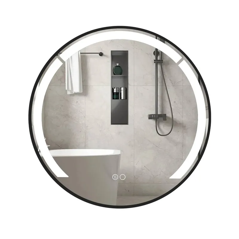 Gymax Round LED Vanity Mirror Wall-Mounted 60cm Bathroom Mirror Smart Sensor in Black Black