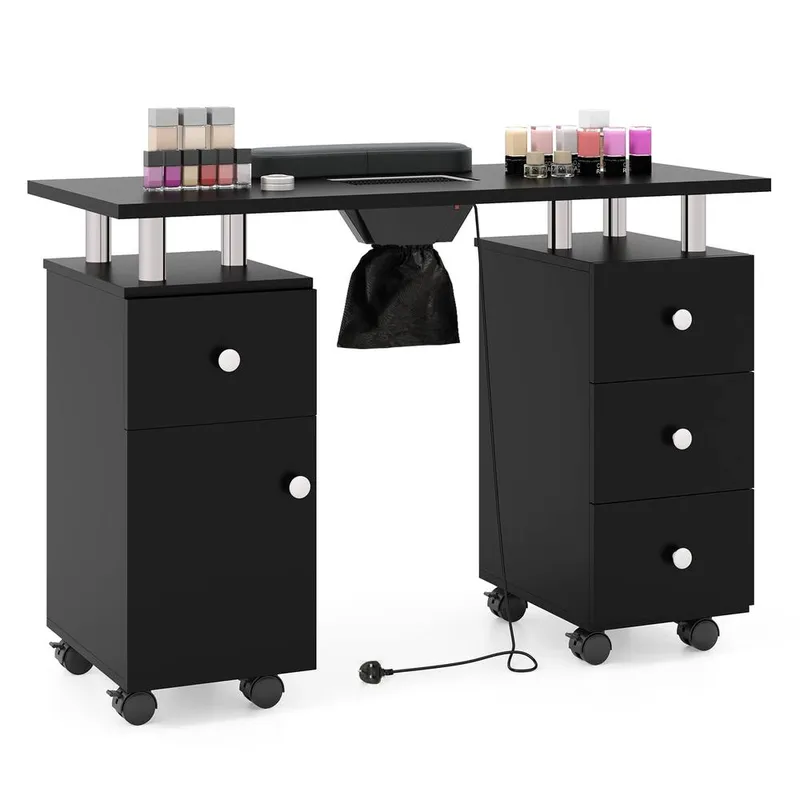 Gymax Unisex Rolling Manicure Table Nail Table Station w/ 8 Lockable Wheels in Black Black female