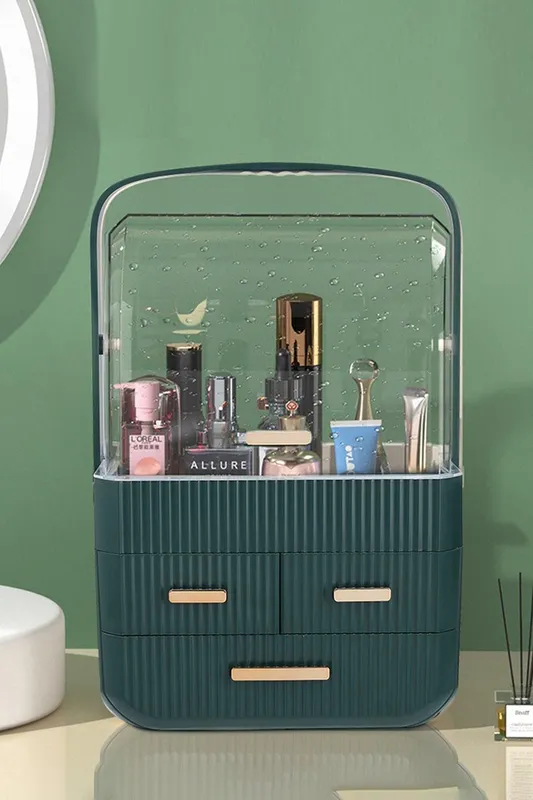 H&O Direct Dust-Proof Table Top Transparent Cosmetics Storage Box in Green - Green