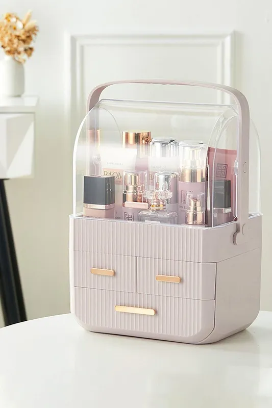 H&O Direct Unisex Dust-Proof Table Top Transparent Cosmetics Storage Box in Pink Pink female
