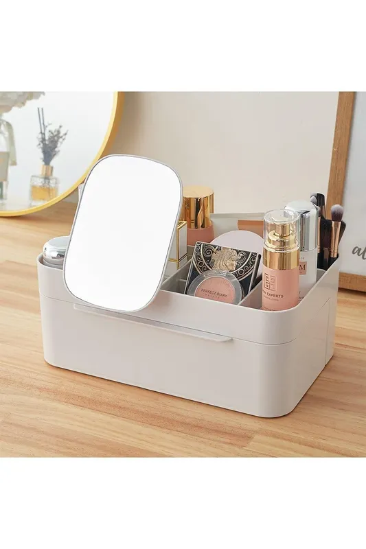 H&O Direct Plastic Makeup Storage Box with Mirror Gift Set in White - White