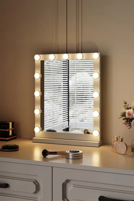H&O Direct Rectangular Makeup Mirror Hollywood LED Lighted Mirror in White White