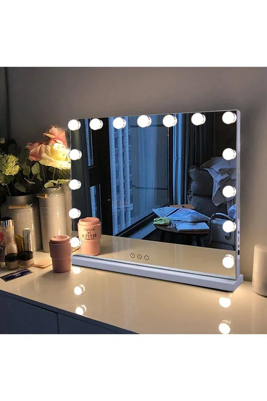 H&O Direct Hollywood Makeup Lighted Mirror Rectangle Cosmetic Mirror in White - White