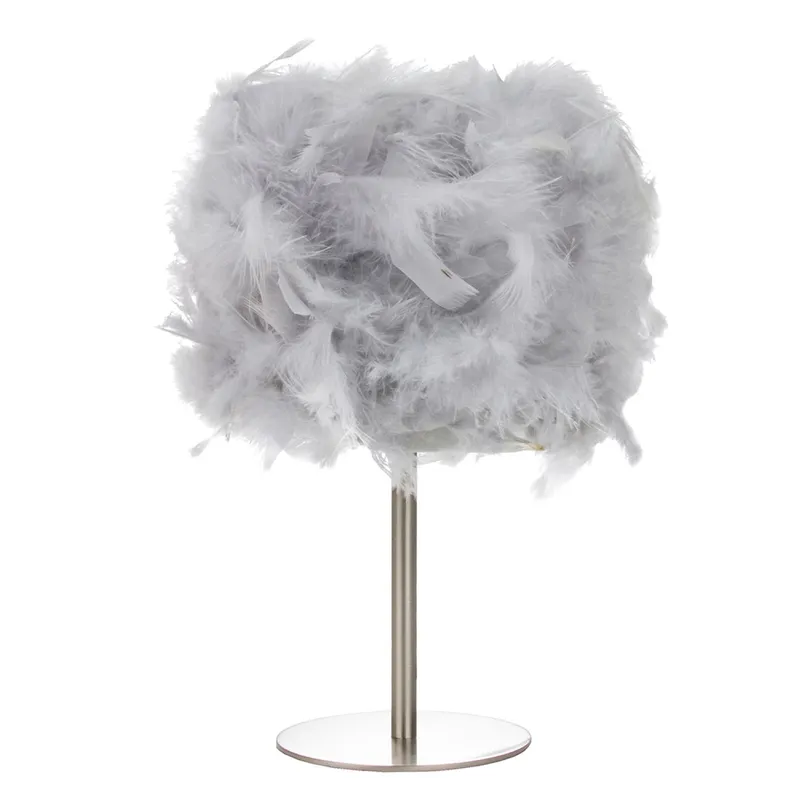 Happy Homewares and Chic Real Feather Table Lamp with Satin Nickel Base & Switch in Grey Grey