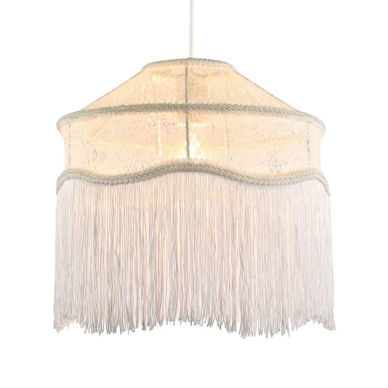 Happy Homewares Chic White Lace Fabric Victorian Style Pendant Light Shade with Trims White