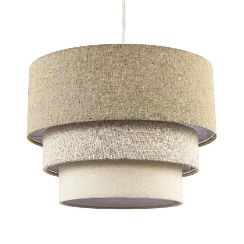 Contemporary Round Triple Tier Beige and Oatmeal Linen Pendant Shade