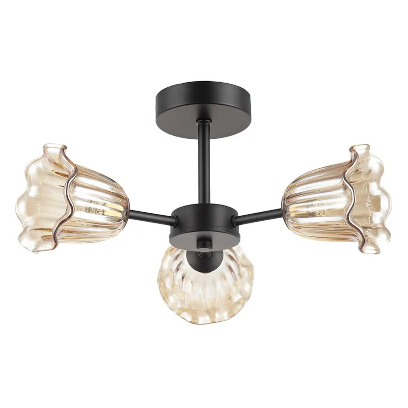 Happy Homewares Designer Matte Black Ceiling Light with Amber Floral Glass Shades Black