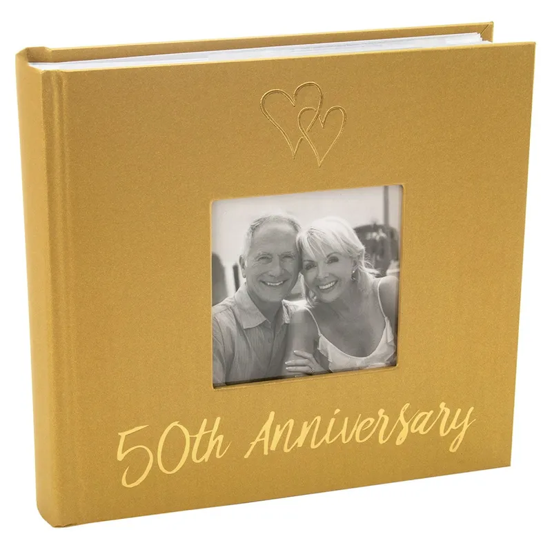 Happy Homewares Lovely Golden 50th Wedding Anniversary Photo Album with Double Heart Decoration in Gold Gold