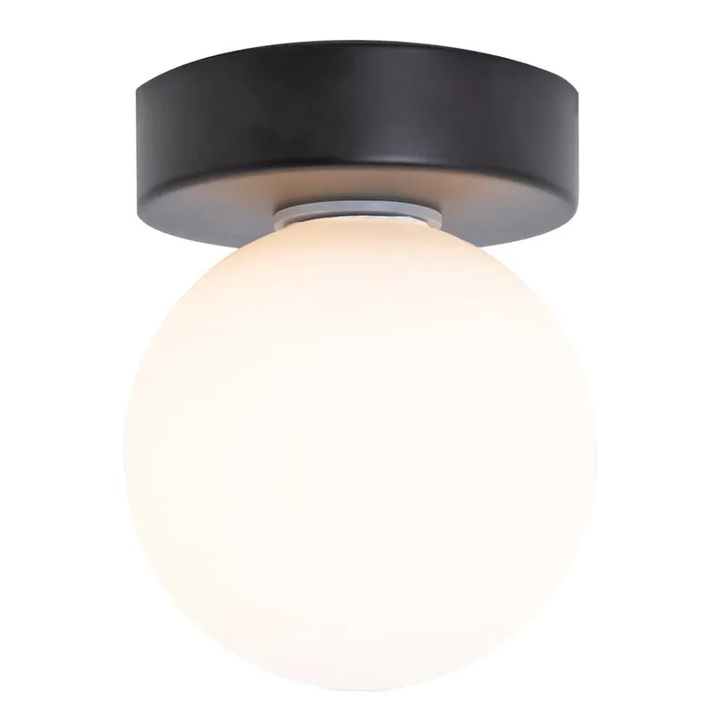 Happy Homewares Modern Compact Bathroom Ceiling Light with Opal Glass Globe Shade in Black Black