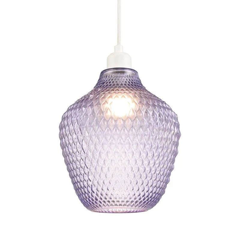 Happy Homewares Modern Designer Curvy Diamond Etched Glass Pendant Lamp Shade in Lilac Lilac