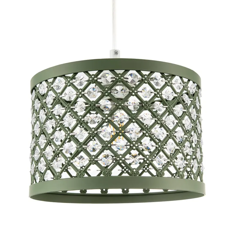 Happy Homewares Modern Ornate Matte Metal Pendant Shade with Clear Acrylic Beads in Olive Olive