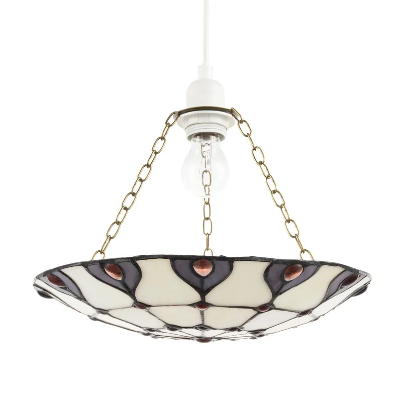 Purple and Amber Stained Glass Tiffany Pendant Shade with Red Beads