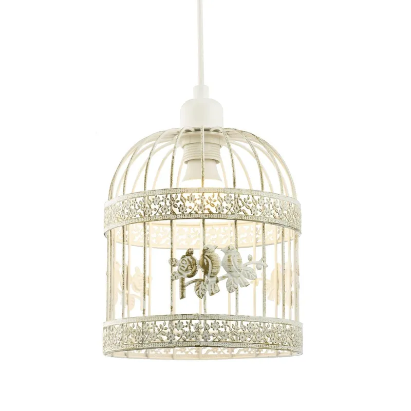 Happy Homewares Shabby Chic Brushed Cream & Gold Birdcage Shade with 3D Flowers & Birds Cream