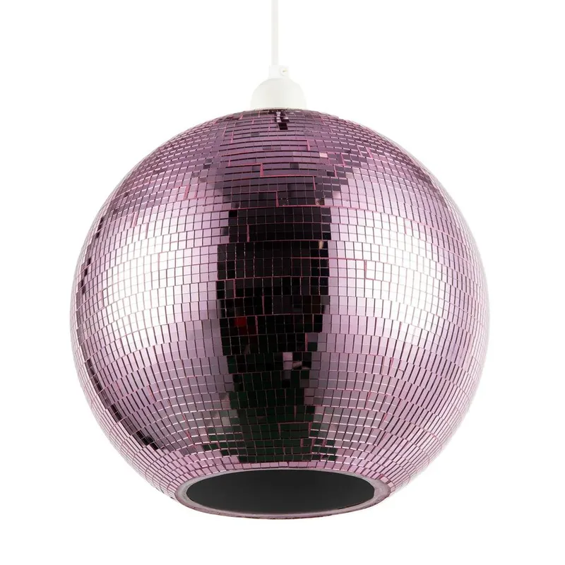 Happy Homewares Shiny Disco Mosaic Ball Pendant Shade in Mirrored Tiled Retro Style in Pink Pink