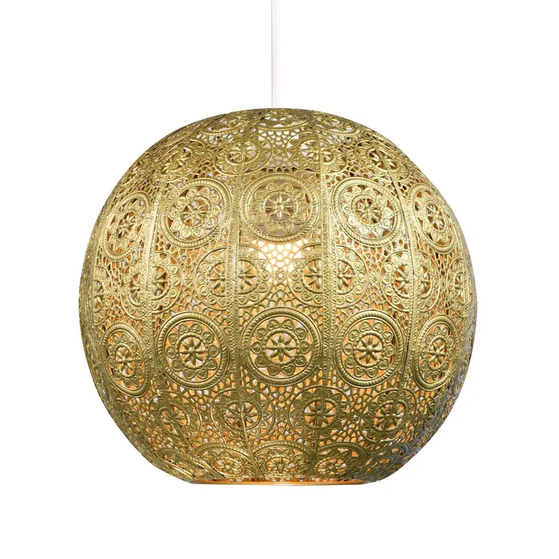 Happy Homewares Spherical Vintage Moroccan Pendant Lighting Shade with Floral Design in Gold Gold