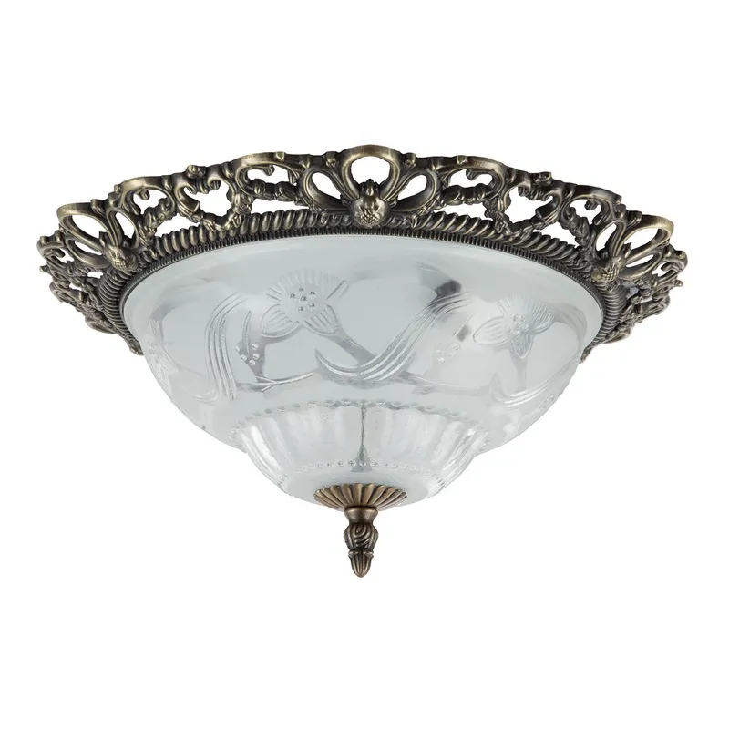 Happy Homewares Traditional & Classic Ornate Metal & Floral Glass Flush Ceiling Light Fitting in Metallic Gold Metallic Gold