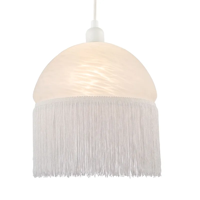 Happy Homewares Traditional Opal White Domed Glass Pendant Shade with Long Tassels White