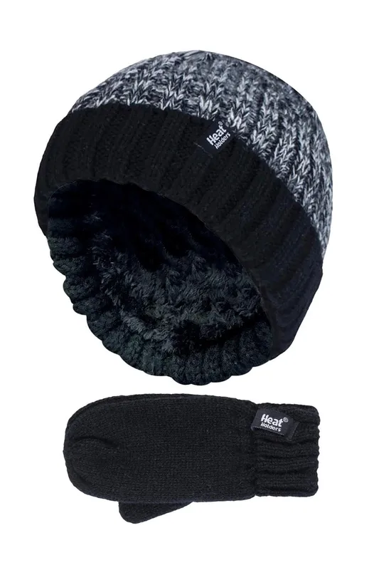 Heat Holders Boy's Winter Knitted Thermal Fleece Lined Cuffed Beanie Hat & Mittens Set in Grey Size: 3-6 Years Grey 3-6 Years