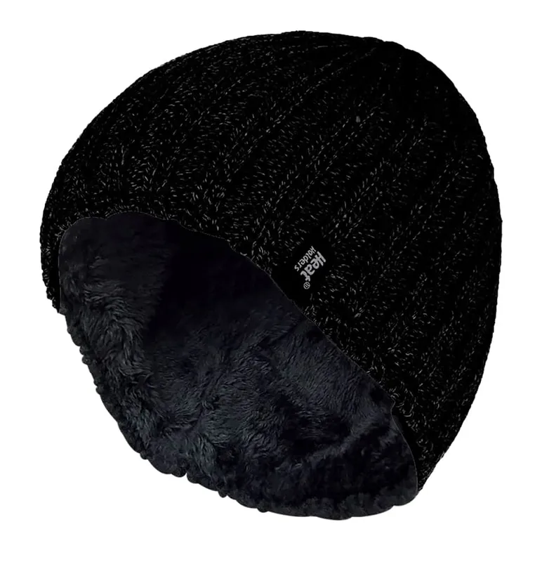 Heat Holders - Mens Fleece Lined Ribbed Winter Hat - Black - One Size