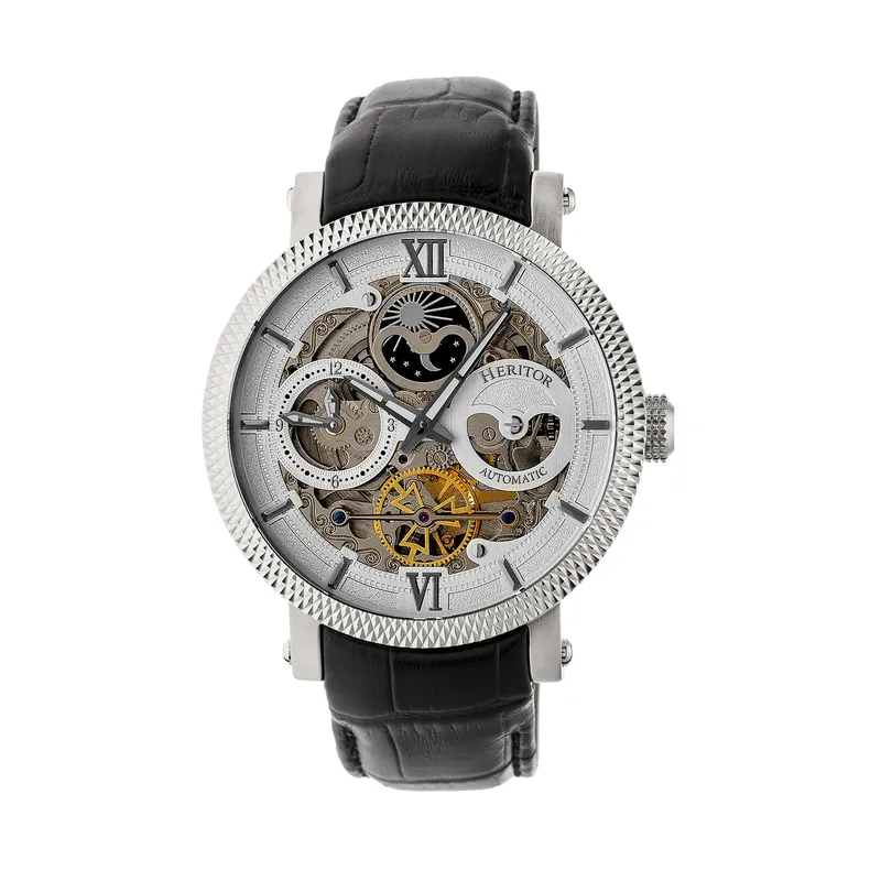 Heritor Automatic Mens Aries Skeleton Leather-Band Watch - Black/white Stainless Steel - One Size