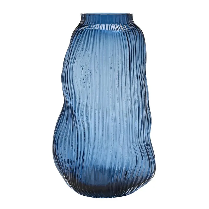 Hestia Blue Ridged Textured Glass Vase - Blue