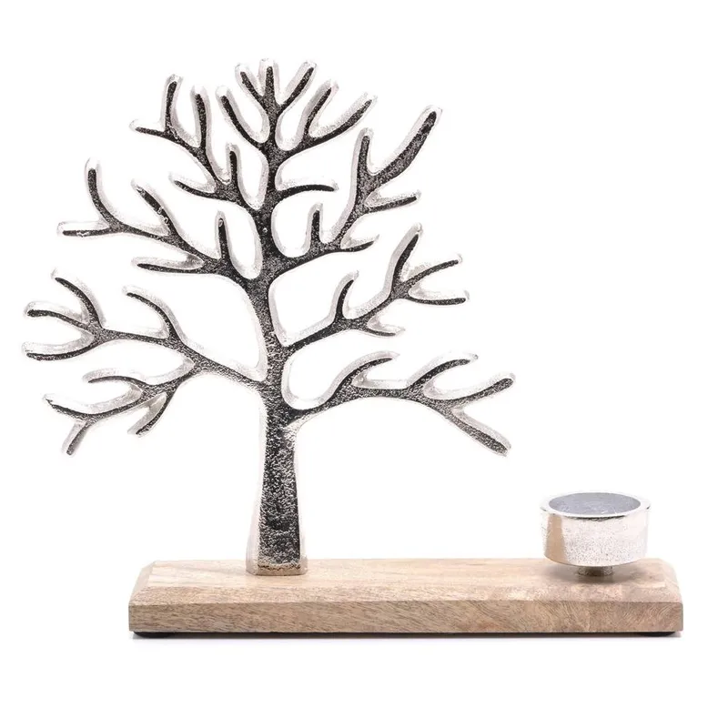 Hestia Metal Tree of Life Wooden Tealight Holder in Silver - Silver