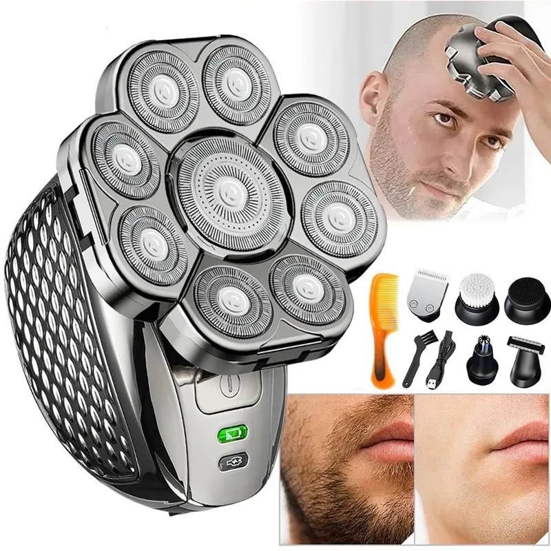 Hinsinc 6 IN 1 Bald Head Shavers Electric Cordless Wet Dry Rotary Razor in Silver - Silver