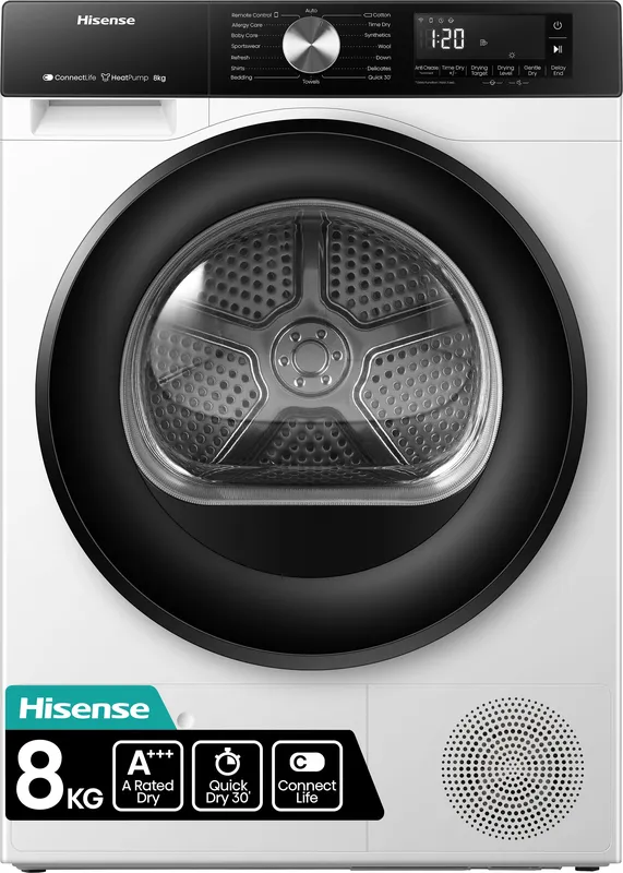 Hisense DH3S802BW3 8kg 3S Series Heat Pump Condenser Tumble Dryer - White