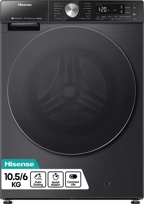 Hisense 5S Series WD5S1045BB Wifi Connected 10.5Kg/6Kg Washer Dryer with 1400 rpm - Black, A Rated [Wash Only], Black