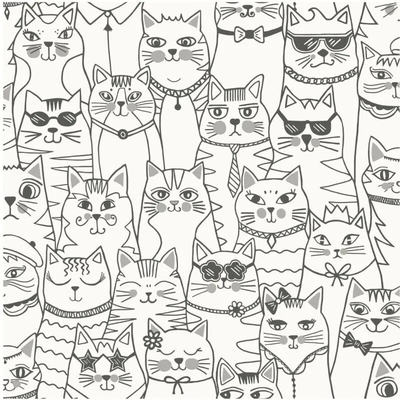 Holden Decor Colour-me Cats Black White Wallpaper Colouring Kids Room Nursery