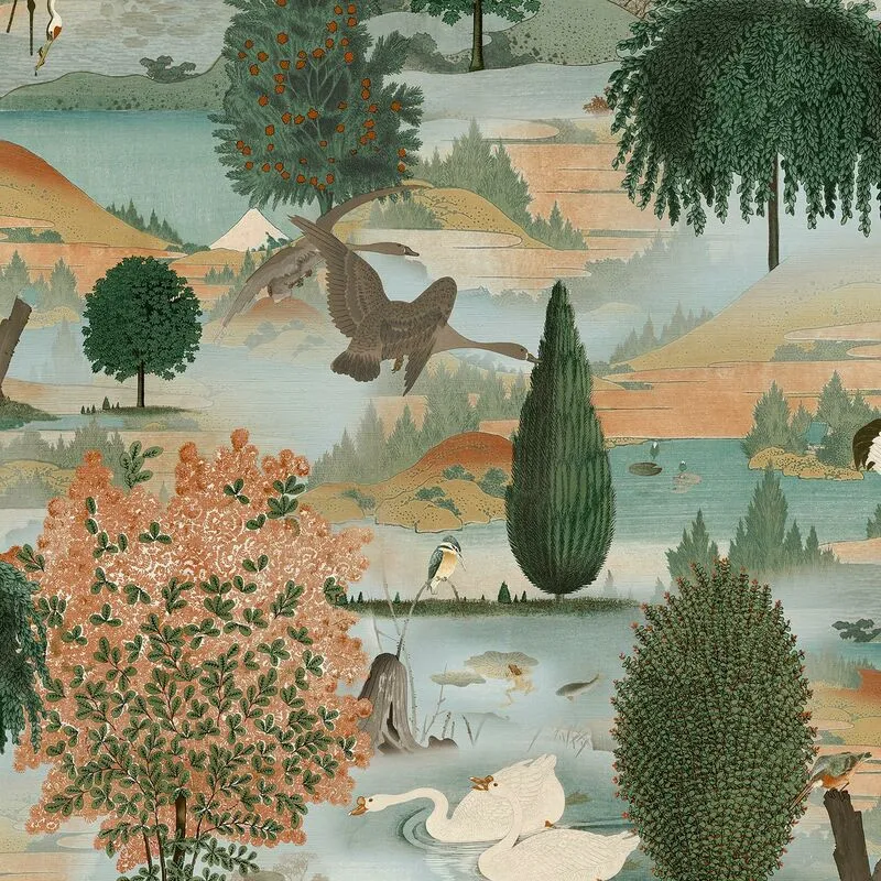 Holden Decor - Swan Lake Orange Green Wallpaper Floral Wildlife Scenic Modern