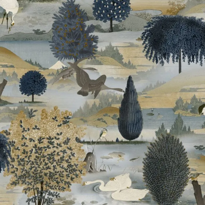 Holden Decor - Swan Lake Navy Ochre Wallpaper Floral Wildlife Scenic Modern