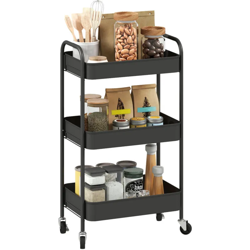 Homcom 3 Tier Rolling Utility Cart with 3 Mesh Basket in Black Black