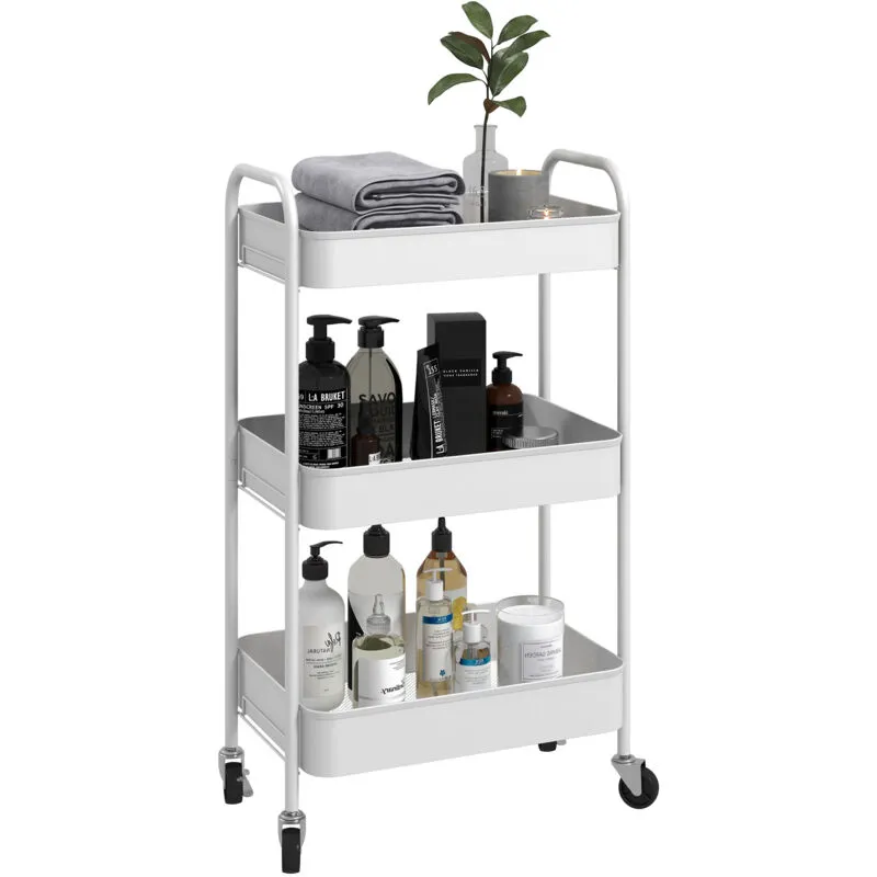 Homcom 3 Tier Rolling Utility Cart with 3 Mesh Basket, White White
