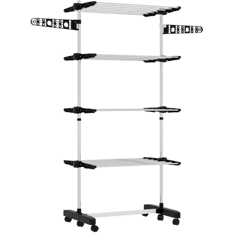Homcom 4-Tier Large Clothes Airer Stainless Steel Clothes Drying Rack Black Black L