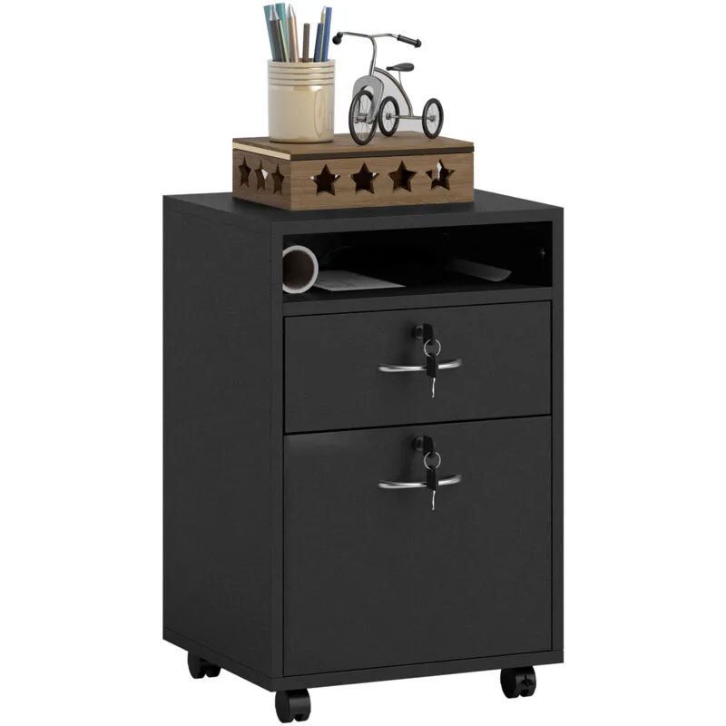 Homcom 60cm Filing Cabinet with Drawers & Open Shelf, Black - Black