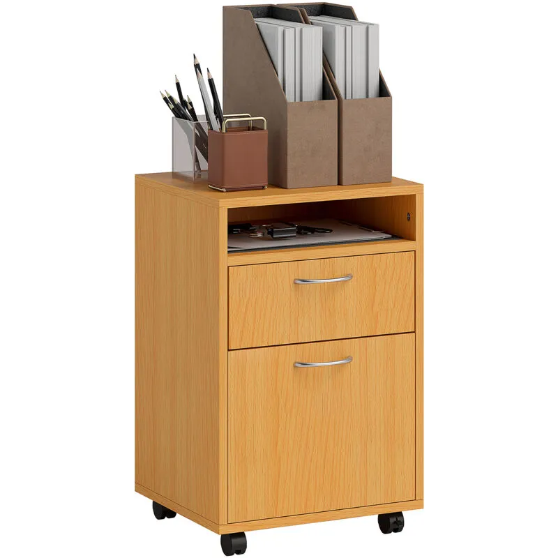 60cm Filing Cabinet with Drawers and Open Shelf, Natural - Homcom