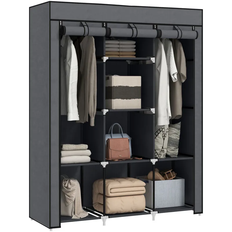Homcom Fabric Portable Wardrobe with 8 Shelves 2 Hanging Rails in Dark Grey Dark Grey