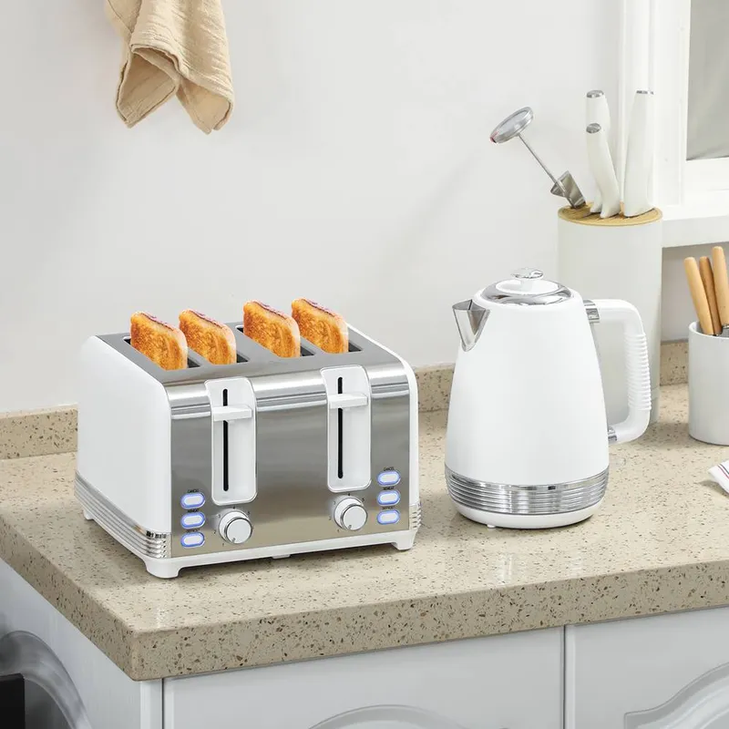 Homcom 1.7L 3000W Quick Boil Kettle & 4 Slice Toaster Set Crumb Tray in White - White - Size: One Size