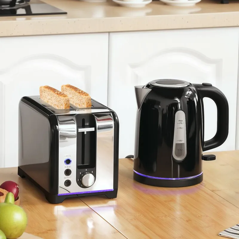 Homcom 1.7L 3000W Rapid Boil Jug Kettle and 2-Slice Toaster Set, Black