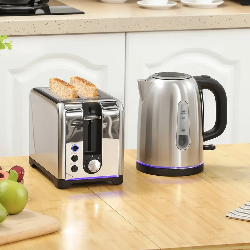 Homcom 1.7L 3000W Rapid Boil Jug Kettle & 2-Slice Toaster Set in Silver - Silver