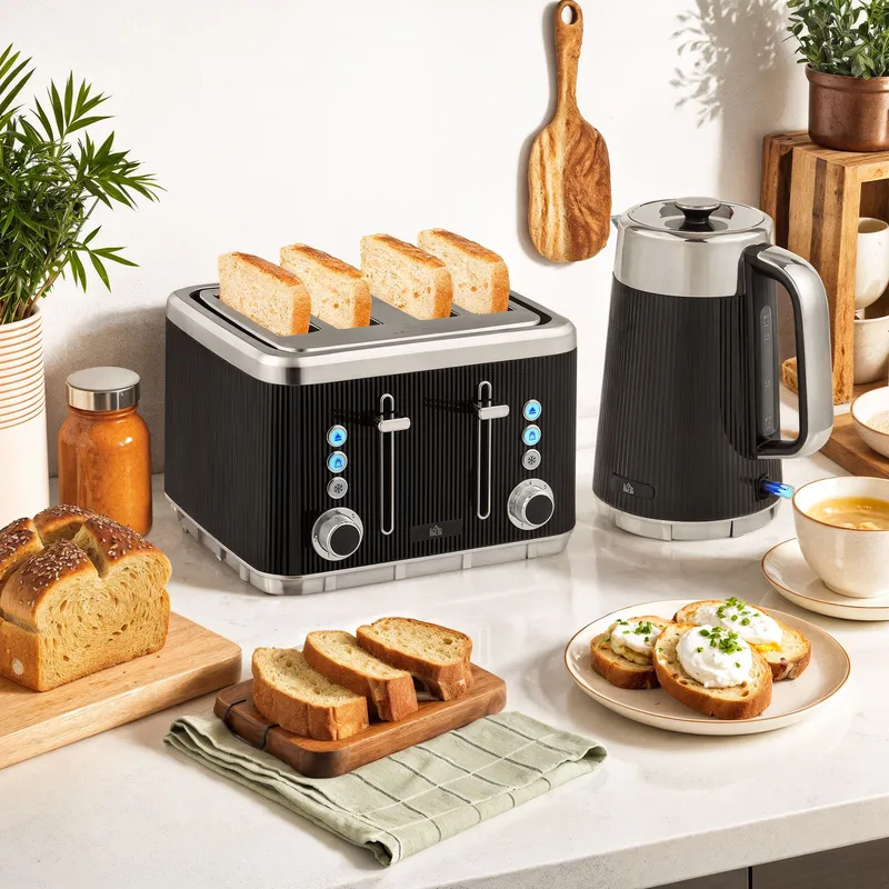 Homcom 1.7L 3000W Rapid Boil Kettle & 4 Slice Toaster Set Crumb Tray in Black - Black