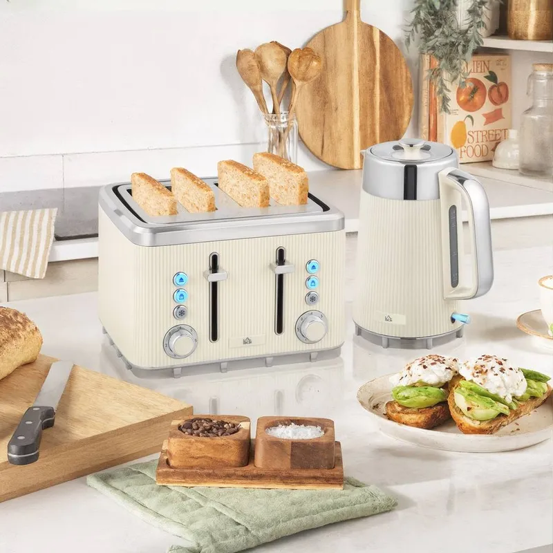 Homcom 1.7L 3000W Rapid Boil Kettle and 4 Slice Toaster Set Crumb Tray Cream