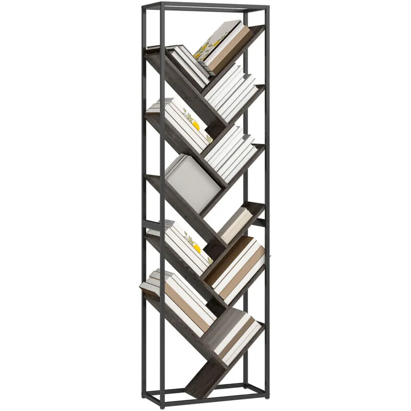 Homcom 10 Tier Tree Bookshelf Industrial Tall Bookcase Grey Black