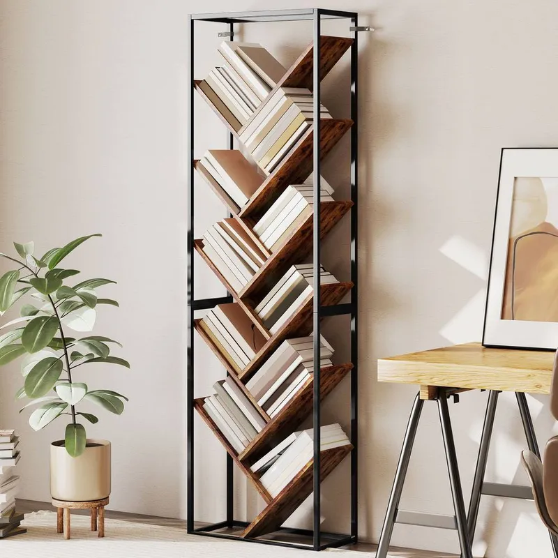 Homcom 10 Tier Tree Bookshelf Industrial Tall Bookcase Rustic Brown Black