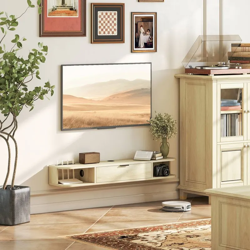 Homcom 120 cm Floating TV Unit with Flip Drawer & Shelves, Natural Natural