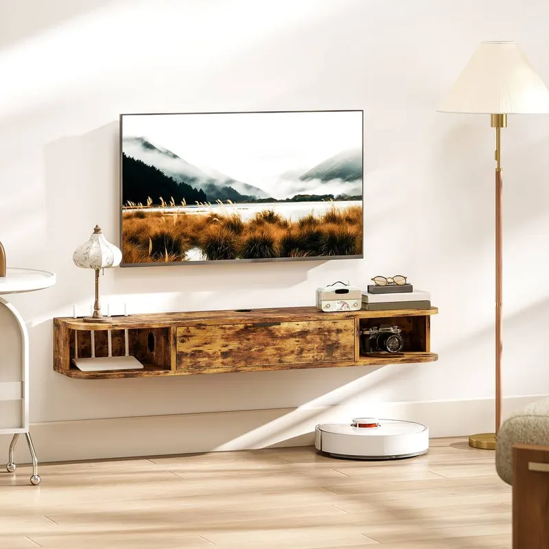 Homcom 120 cm Floating TV Unit with Flip Drawer & Shelves, Rustic Brown - Brown